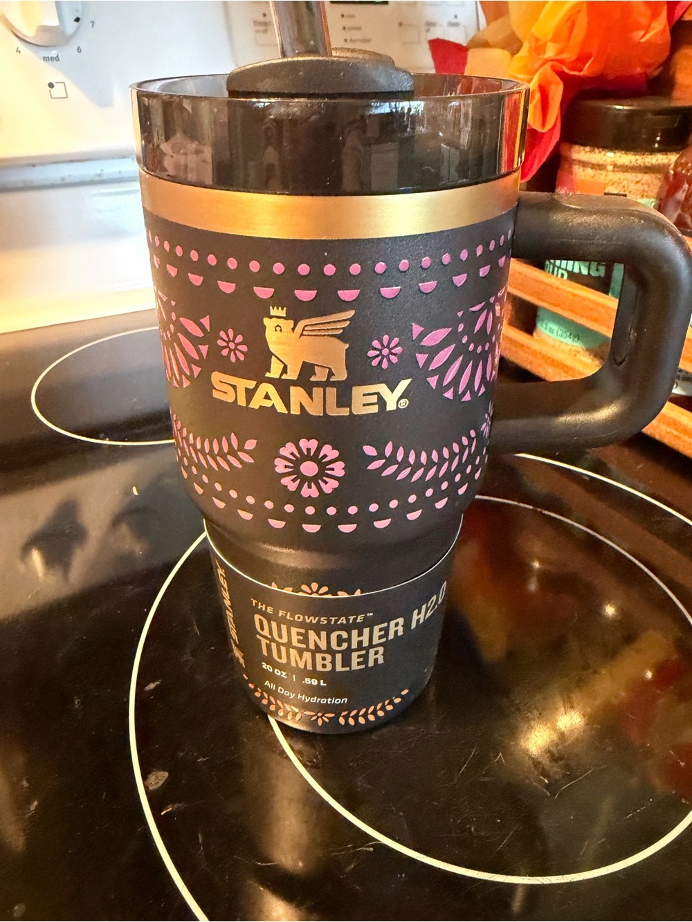 Stanley Black Travel Tumbler with Pink Floral Accents